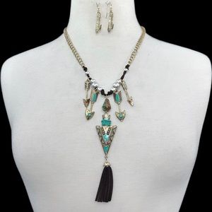 Long Arrowhead Gold Beaded Tassel Necklace Earrings Set